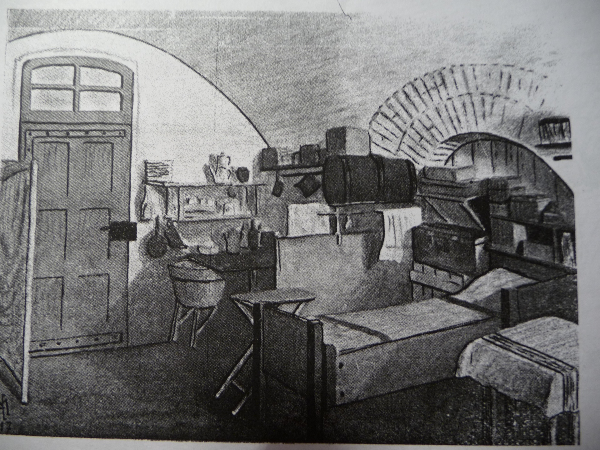 Zeichnung einer Kasematte eines französischen Offiziers aus dem Fort VIII zur Zeit des Kriegsgefangenenlagers, im Fort Prinz Karl dürfte es genauso ausgesehen haben