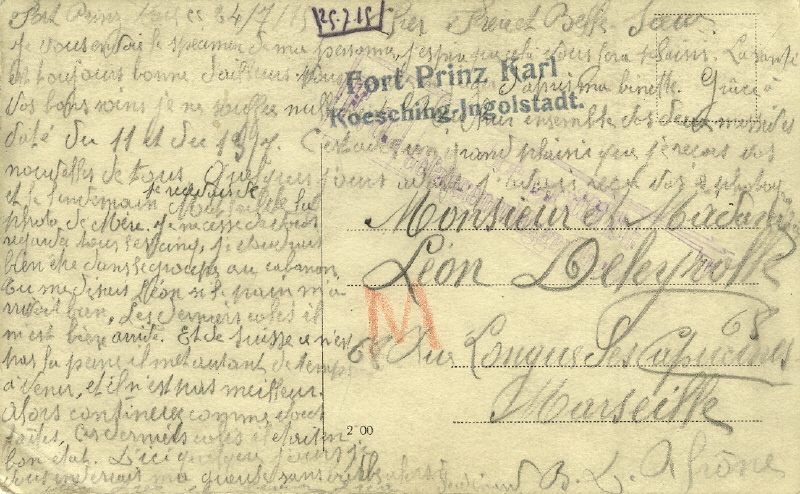 Carte postale de Ferdinand envoyé du Fort Prinz Karl