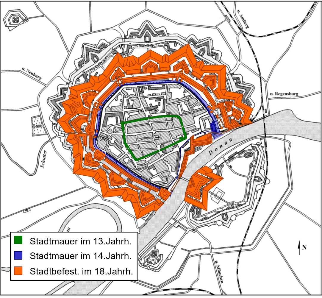 Plan der Festung im 19. Jahrhundert überlagert mit den Grundrissen älterer Stadtbefestigungen